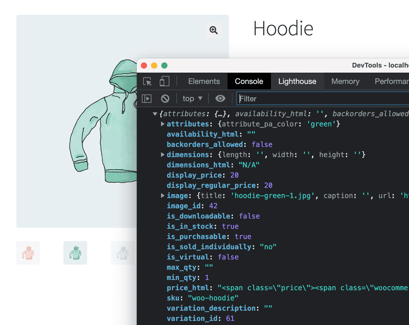 Inspecting the variation object in the browser console
