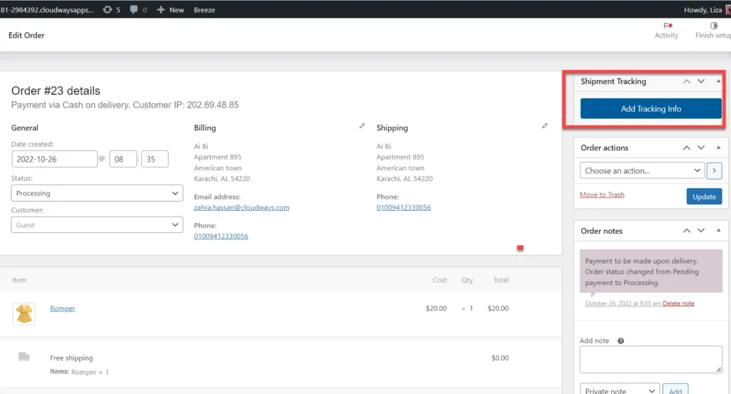Order Details Tracking Section