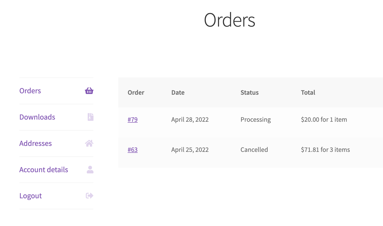 Default WooCommerce My Account Dashboard