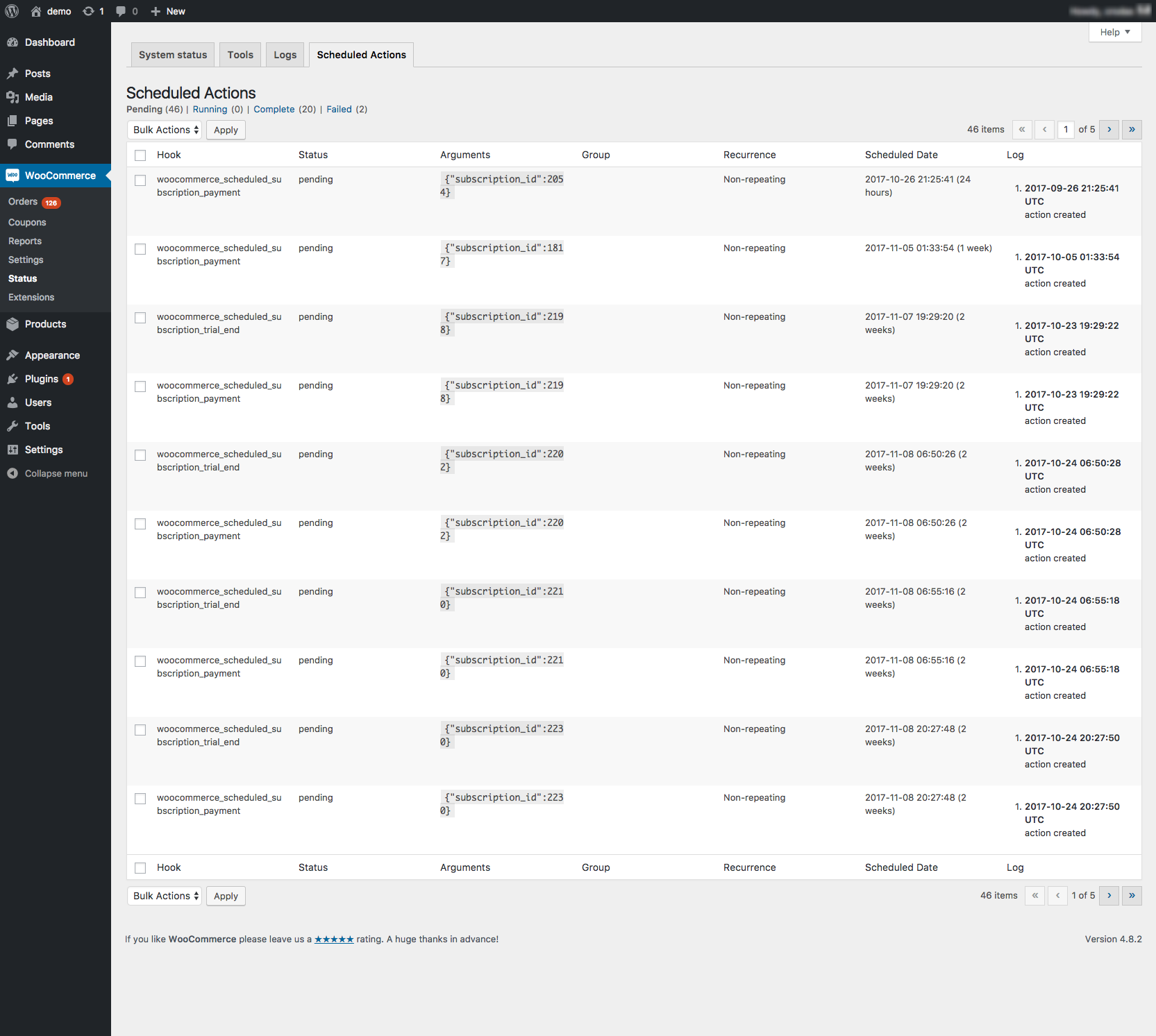 Action Scheduler log interface in WordPress Admin