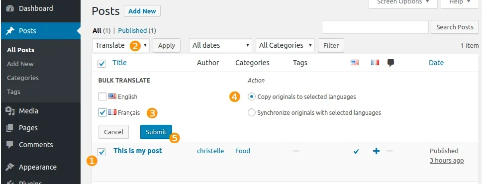 Using Bulk Translate Option