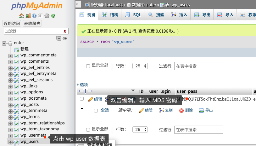 Editing a WordPress user password in phpMyAdmin