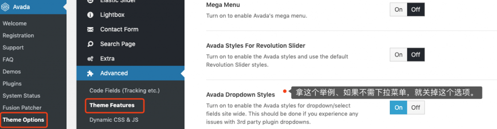 Avada Theme Features settings for disabling unnecessary features