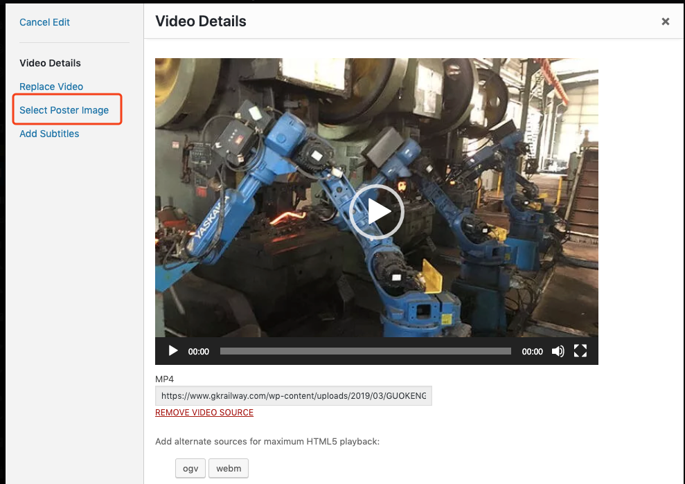 Video edit dialog for selecting a poster image